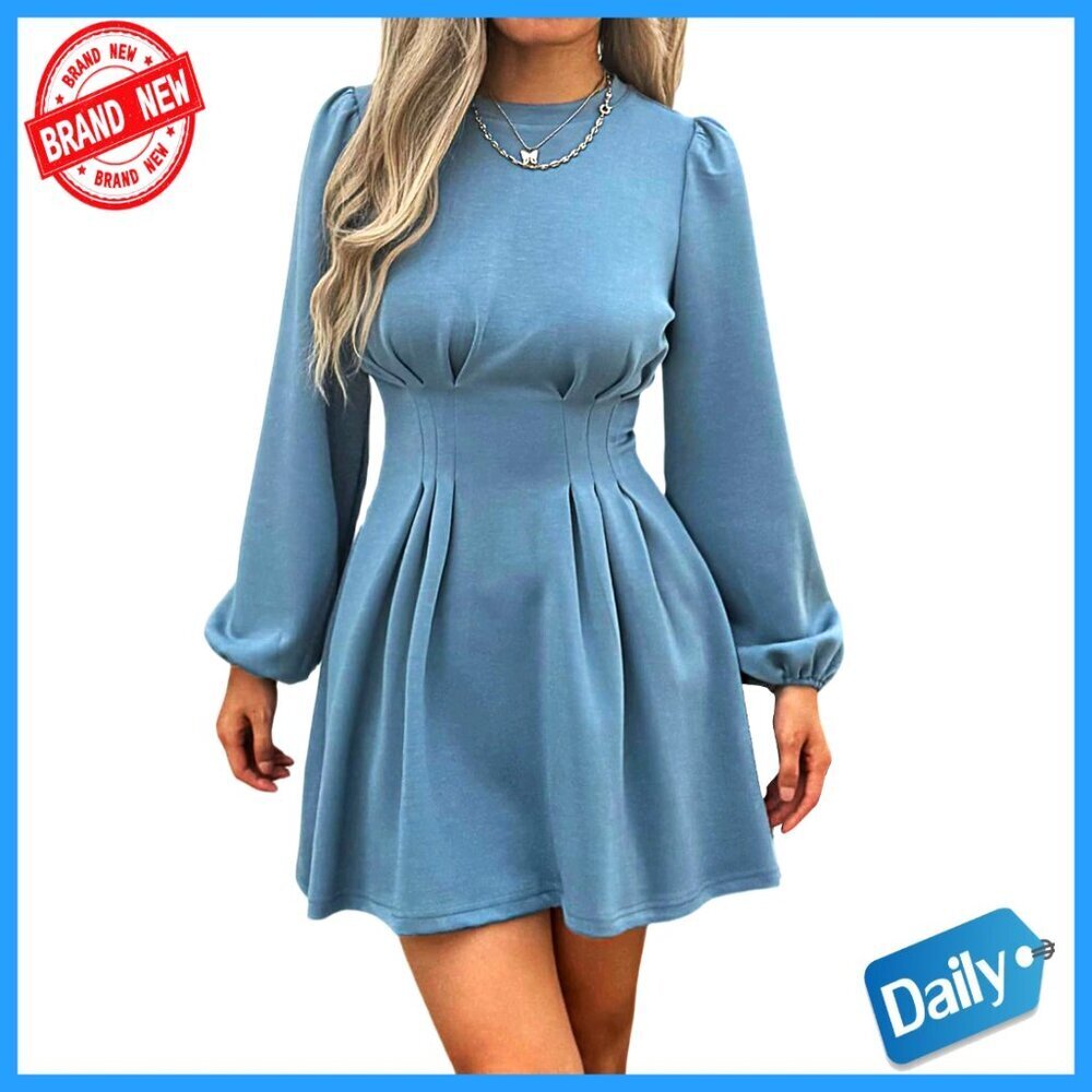 Long Puff Sleeve High Waist A Line Work Dress Business Casual Elegant Office